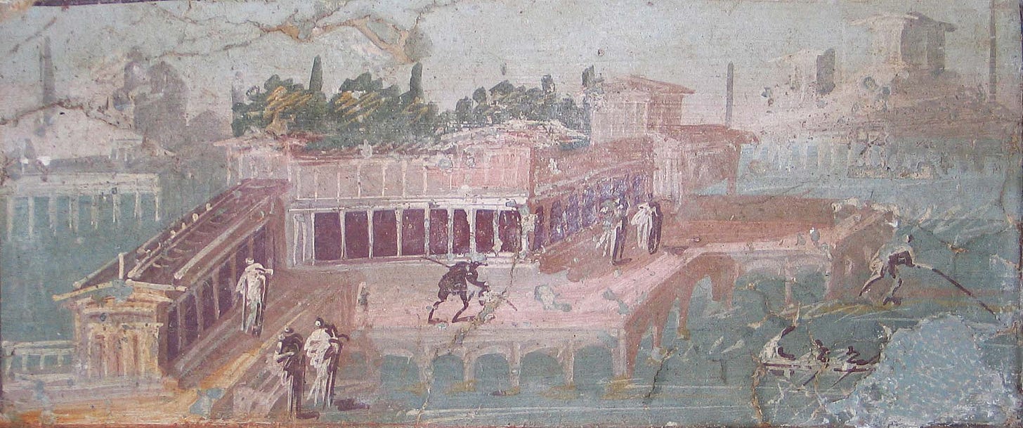 A large colonnaded villa with porticoes is situated at the edge of a harbor. Outside the villa, along the waterfront, are people walking at leisure and an elderly man with a stick. On the villa’s pier is a fisherman, and in the water there is a boat. Mountains, trees, and a hill with buildings are in the background.The painting has a pastel color palette with pinks, greens, and oranges. 