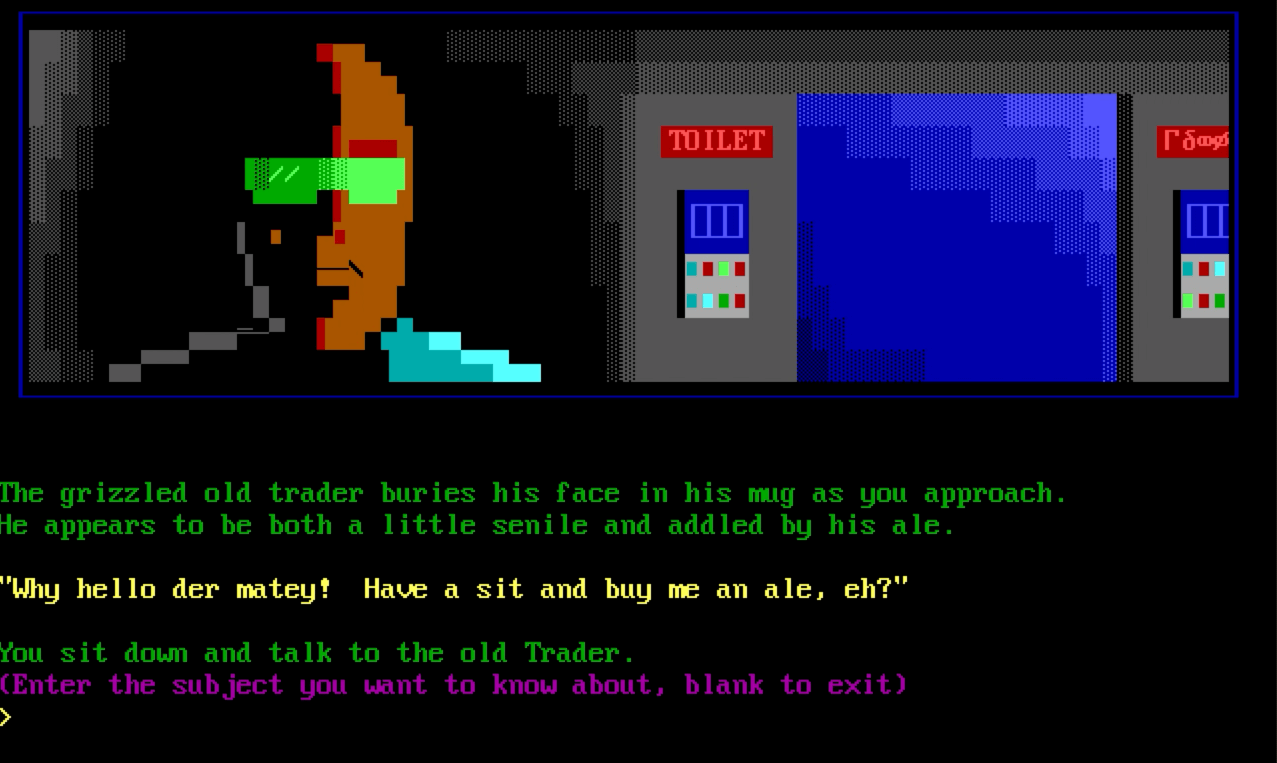 Screenshot from Trade Wars 2002, showing ANSI art of the grimy trader wearing green sunglasses next to a futurist entrance to a toilet.