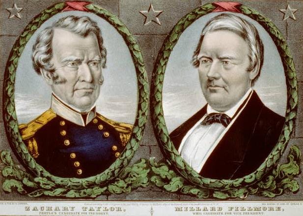 A color campaign banner with portraits of Zachary Taylor on the left and Fillmore on the right