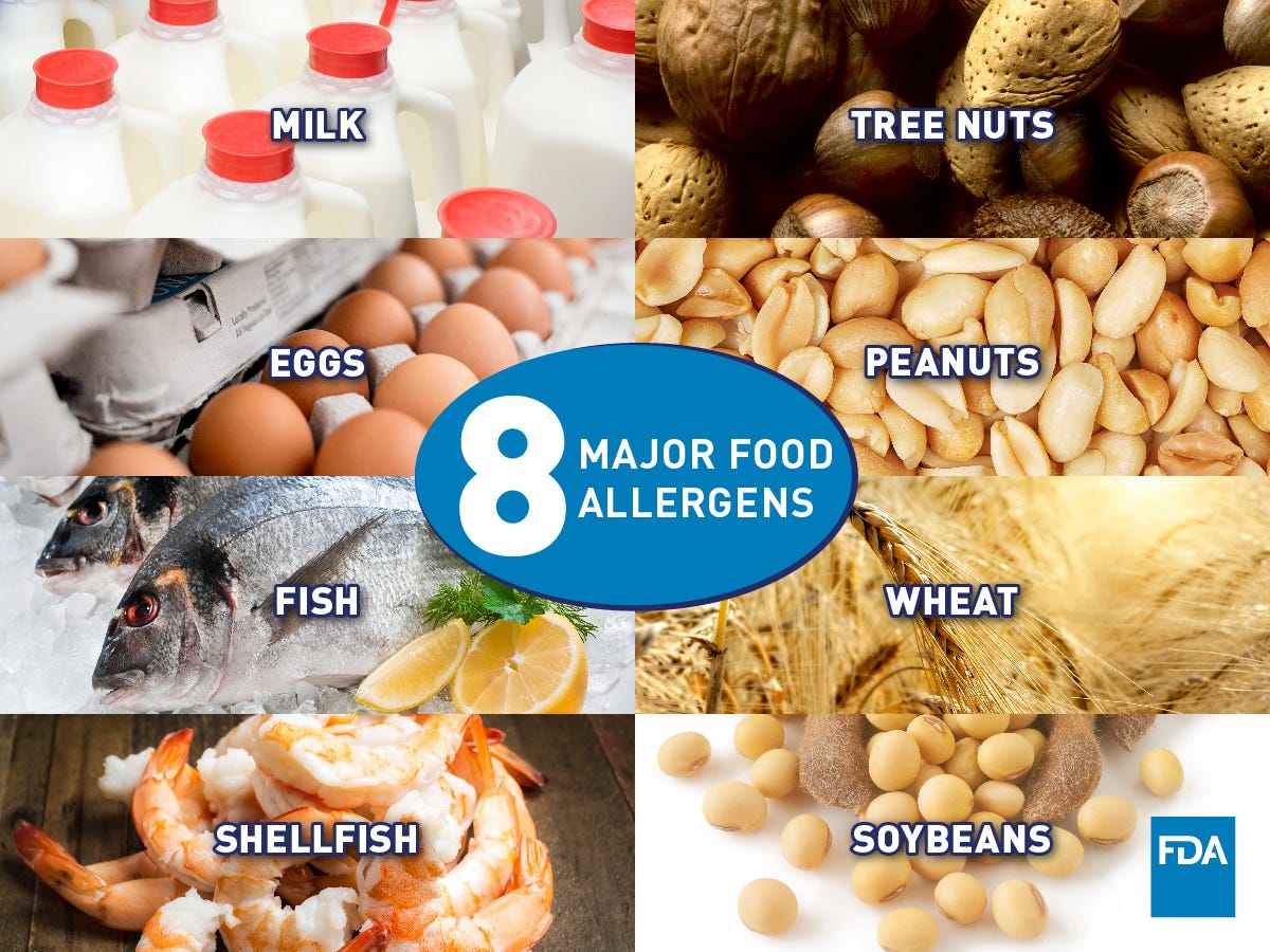 Shows pictures of the eight major allergens in the US. That is milk, wheat, soy, eggs, tree nuts, peanuts, shellfish and fish