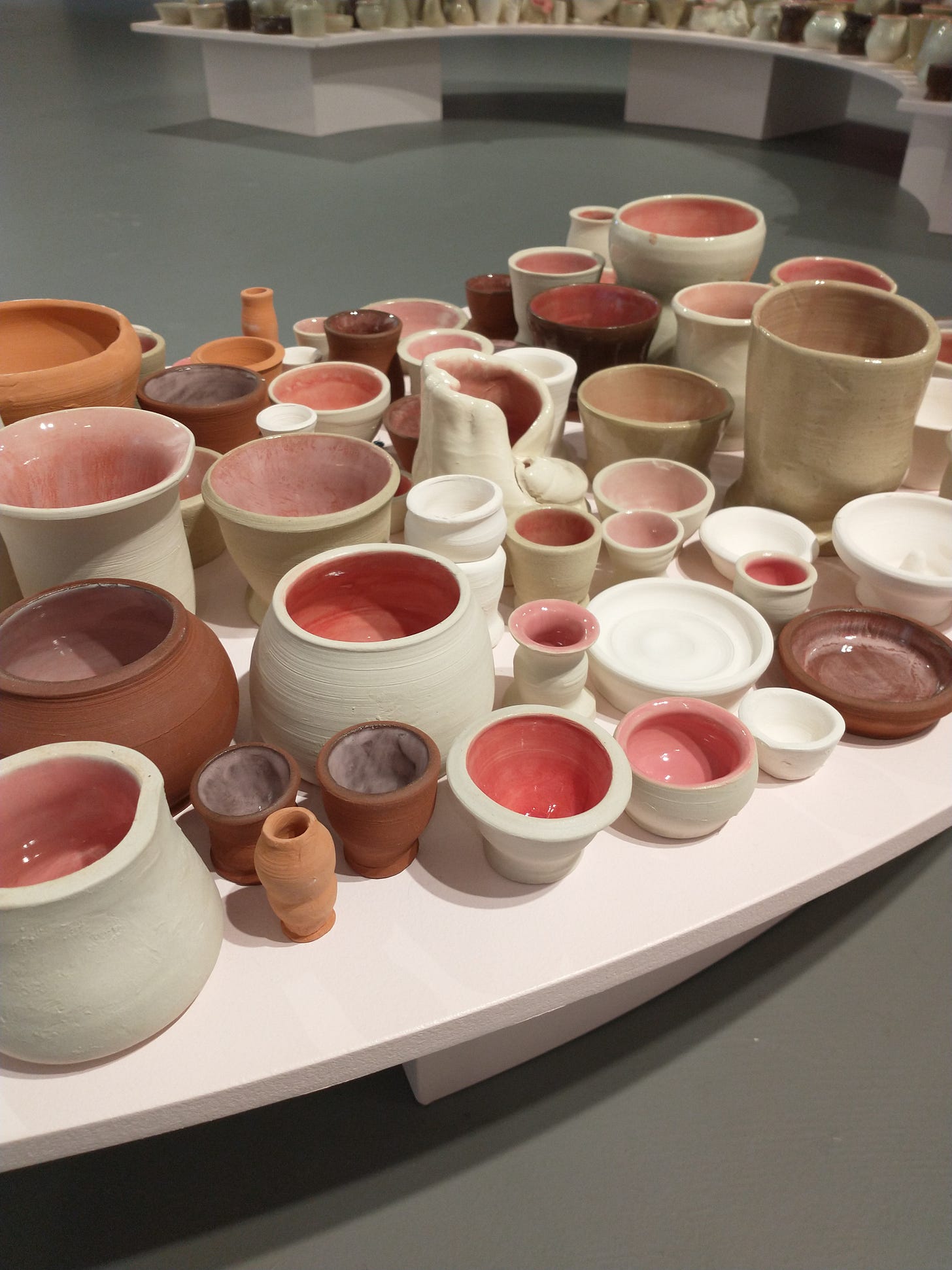 Close up of the ceramic vessels. They are all different shapes and sizes, but most have fleshy pink glaze inside with various flesh tone outsides.