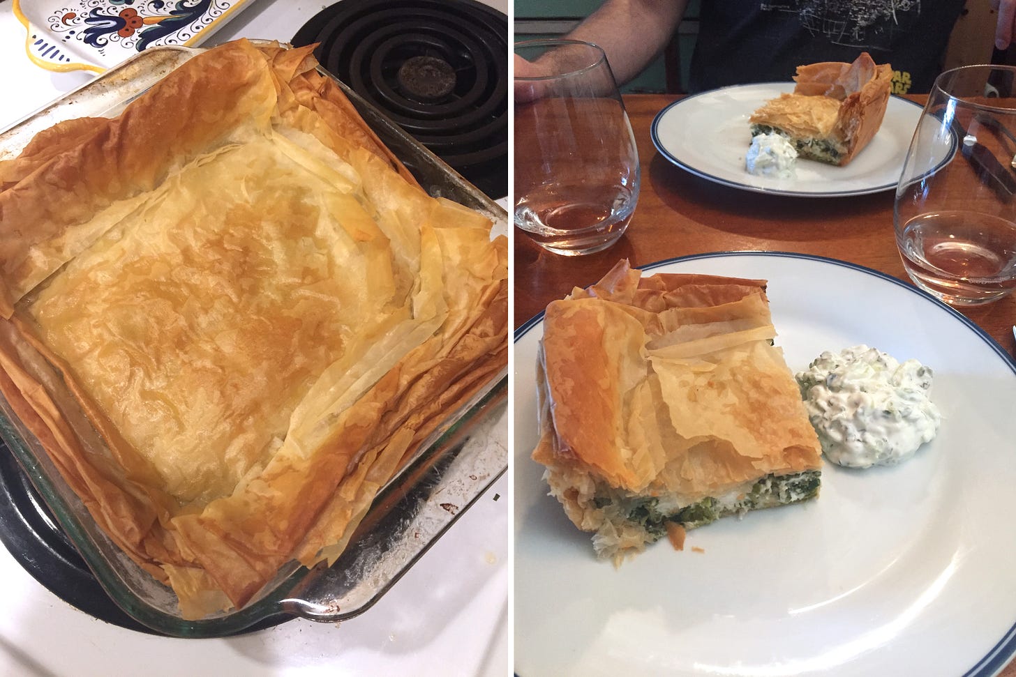 left image: the completed spanakopita in the square baking dish, the top pastry now golden brown. right image: two plates, each with a slice of the spanakopita and a dollop of tzatziki to the side. stemless glasses of rosé wine sit at the corner of each plate.