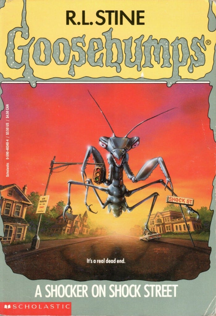 a giant grasshopper roams a suburban street