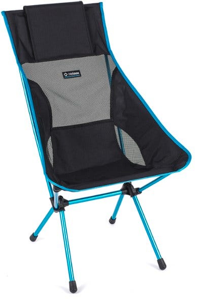 black mesh folding lawn chair with blue trim