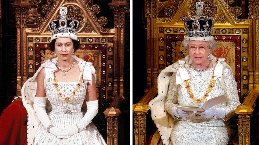 This photo combo shows Britain's Queen Elizabeth II during the State Opening of Parliament, London,  in April, 1966 on the left and Nov. 15, 2006, on the right.