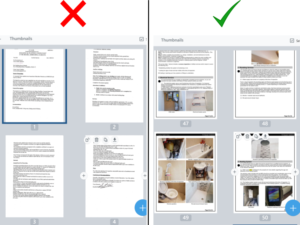 comparison of two reports type thumbnails one with the just text is not accepted while reports with images included are correct