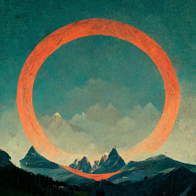 A more abstract painterly scene of mountains in the foreground with a huge sky taking up most of the frame. Behind and between the mountains, an orange circle sits, the bottom of it fading into the mist behind the first mountain range.