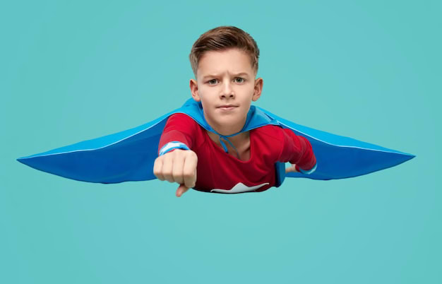 Brave super hero kid flying towards camera Premium Photo