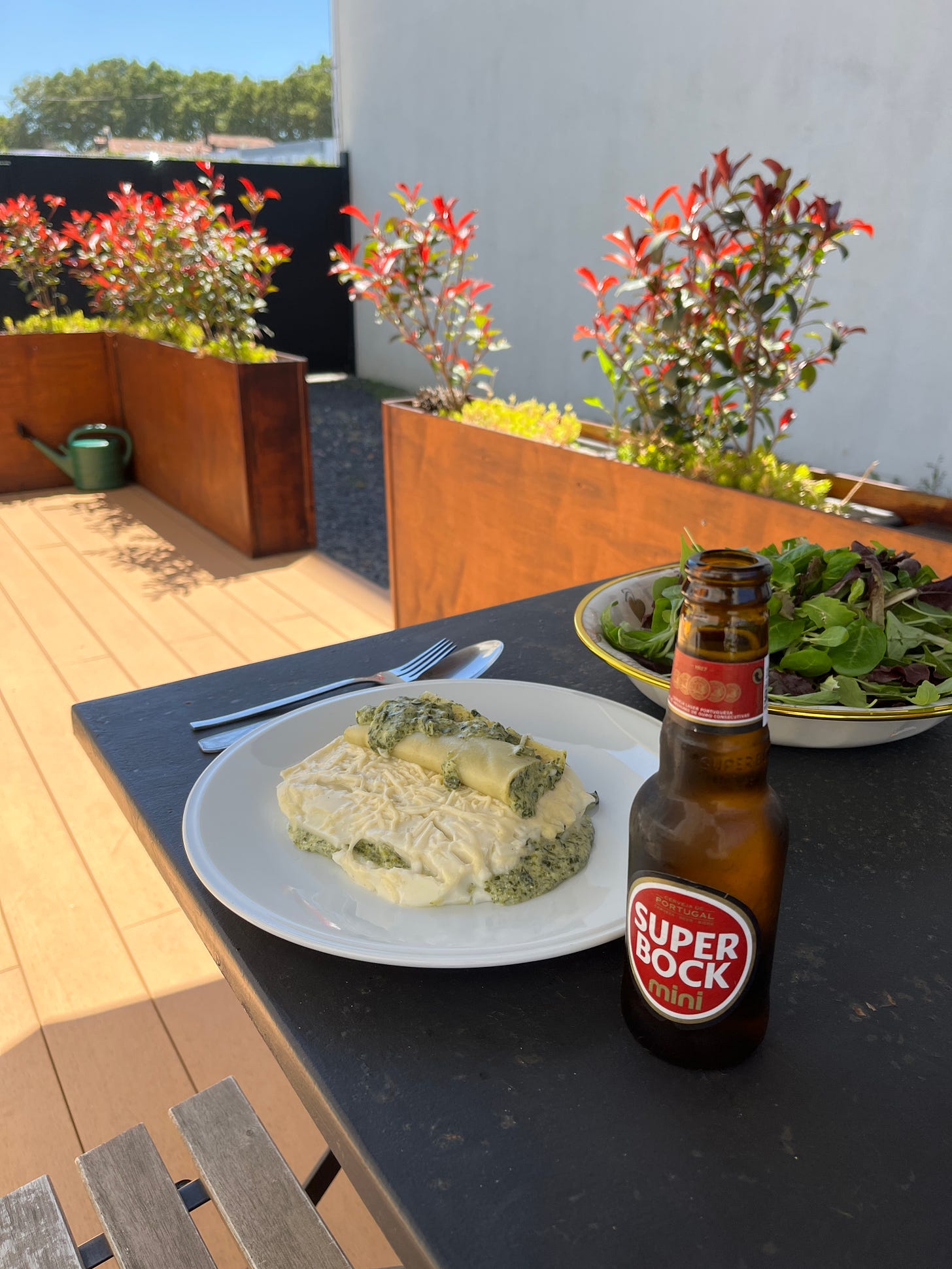 Image: photo of a plate of vegetarian lasagna, a big bowl of salad, and two mini bottles of Superbock (Portugal beer) on the patio table.