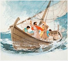 Jesus calms the storm from a fishing boat.