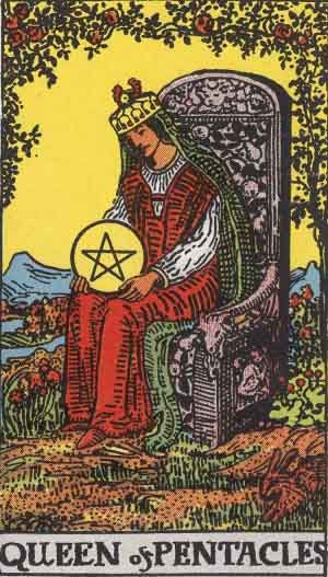 The Queen of Pentacles looks down at a large pentacle on their lap.