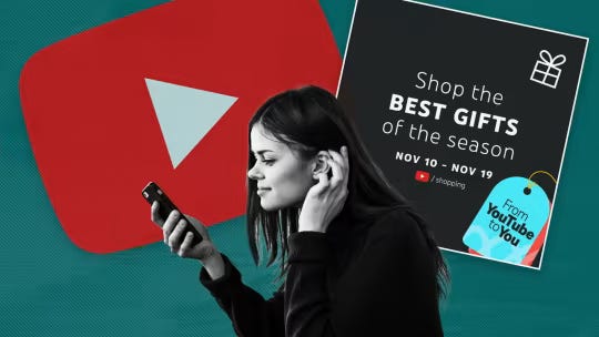 A montage of YouTube’s logo, a screen grab of the company’s shopping advert and a woman looking at a smartphone