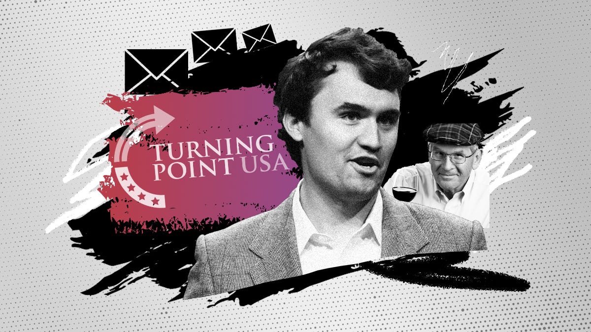 Photo illustration with the Turning Point USA logo, an image of founder Charlie Kirk and an image of advisor Rip McIntosh.