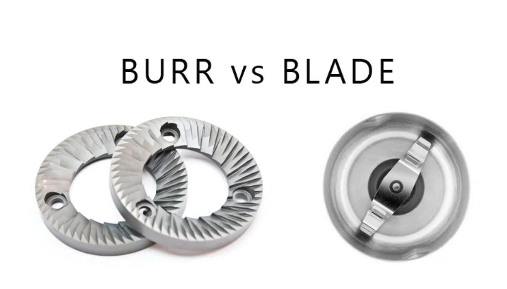 A flat burr grinder component next to a blade grinder for comparison for grinding coffee.