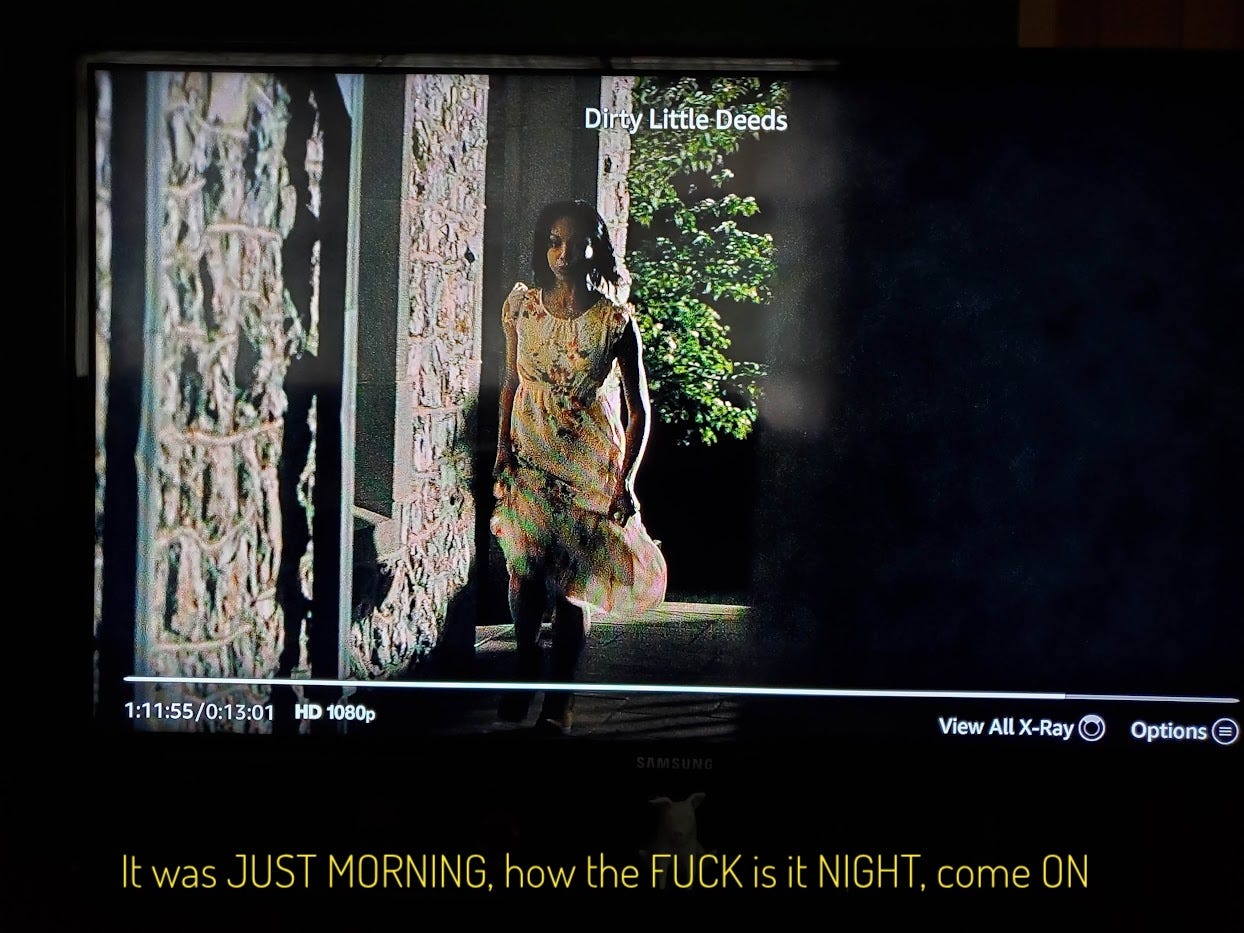 Jessica, in a filmy maxi dress, returning to Black Oaks at night, captioned "It was JUST MORNING, how the FUCK is it NIGHT, come ON"