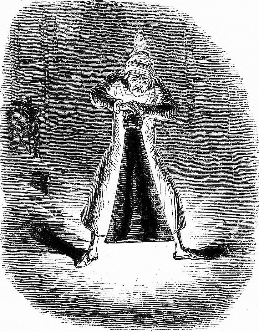 Scrooge attempting to extinguish the Spirit's lingering light