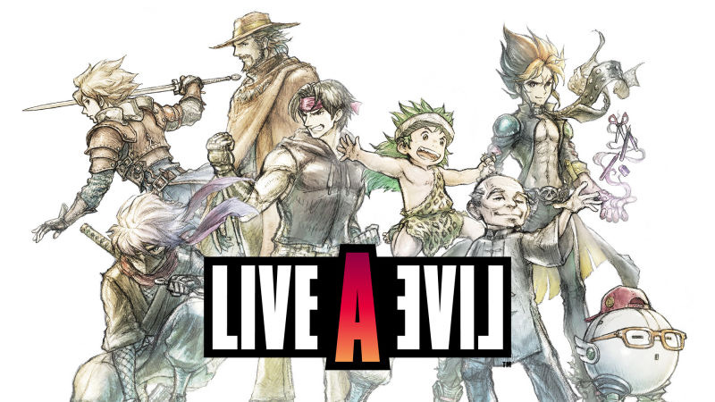 Promotional artwork for Live A Live featuring the various playable protagonists from the game.