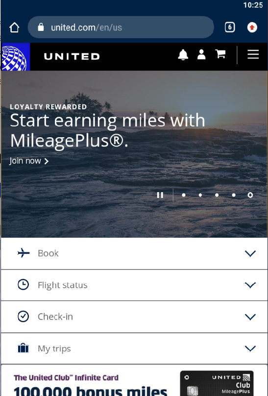 A screenshot of United Airline’s homepage. There are several different accordion menus which highlight the most common tasks users are coming to the website to find: Book a flight, checking flight status, Checking in, and more.