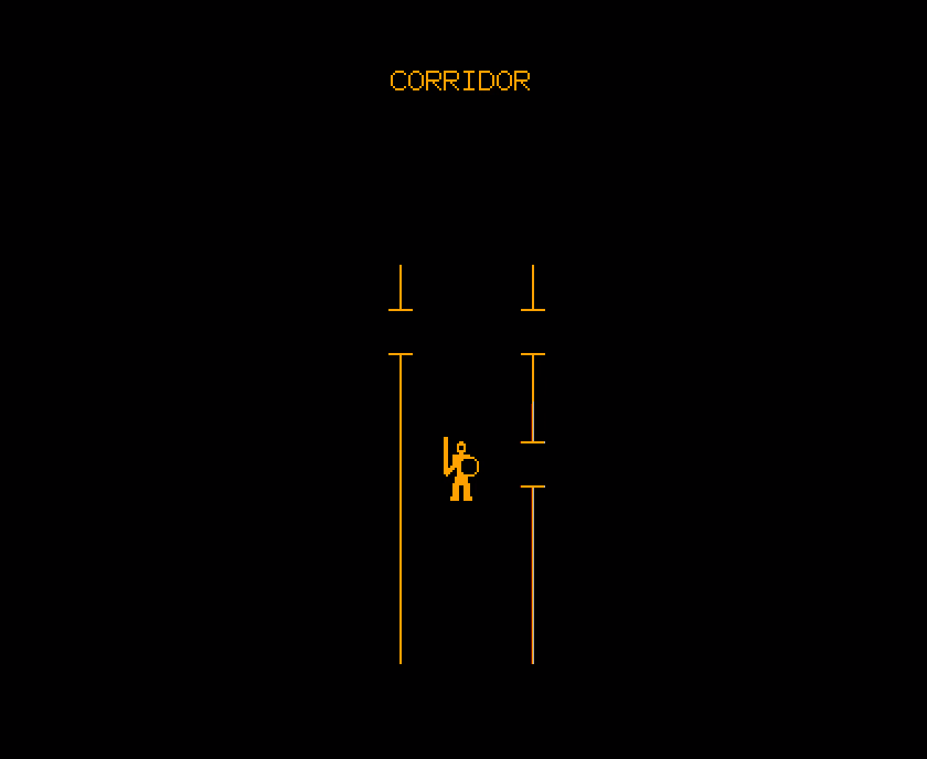 A screenshot from pedit5, showing an icon of a warrior in a hallway made from orange lines, with the text "CORRIDOR" above.