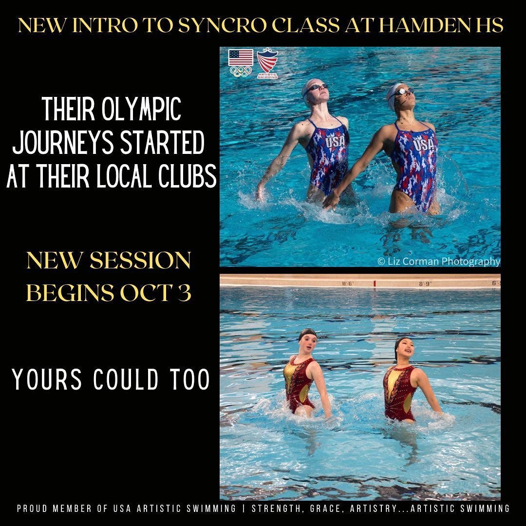 May be an image of 4 people, body of water and text that says 'NEW INTRO TO SYNCRO CLASS ATHAMDENH THEIR OLYMPIC JOURNEYS STARTED AT THEIR LOCAL CLUBS USA NEW SESSION BEGINS oCT3 © iz Corman Photography 1F6 YOURS COULD TOO PROUD MEMBER OF USA ARTISTIC SWIMMING STRENGTH, GRACE ARTISTRY. ARTISTIC SWIMMING'