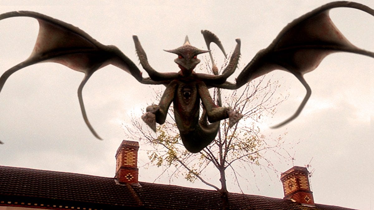 This image shows a Reaper, a fearsome winged creature that resembles a dragon blended with a Komodo dragon, hovering above a church in 1987 England. This image shows a Reaper, a fearsome winged creature that resembles a dragon blended with a Komodo dragon, hovering above a church in 1987 England.