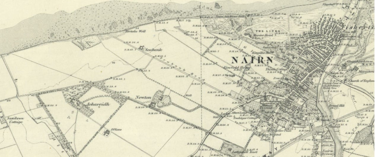 1871 Ordnance Survey six-inch map of Nairn and its western environs, showing Achareidh House towards the left-hand side