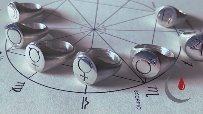 Seven silver signet rings arranged on a astrological circle chart. Each ring has a design of a planetary glyph.
