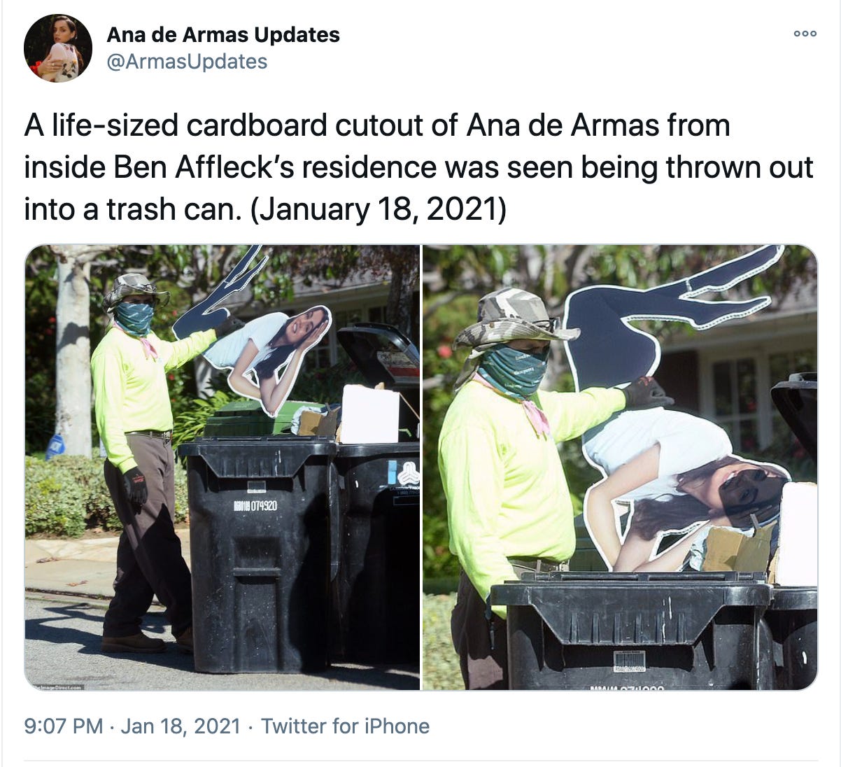 Pictures of SOMEONE (Casey Affleck???) throwing away a life size cutout of Ana de Armas Pictures of SOMEONE (Casey Affleck???) throwing away a life size cutout of Ana de Armas