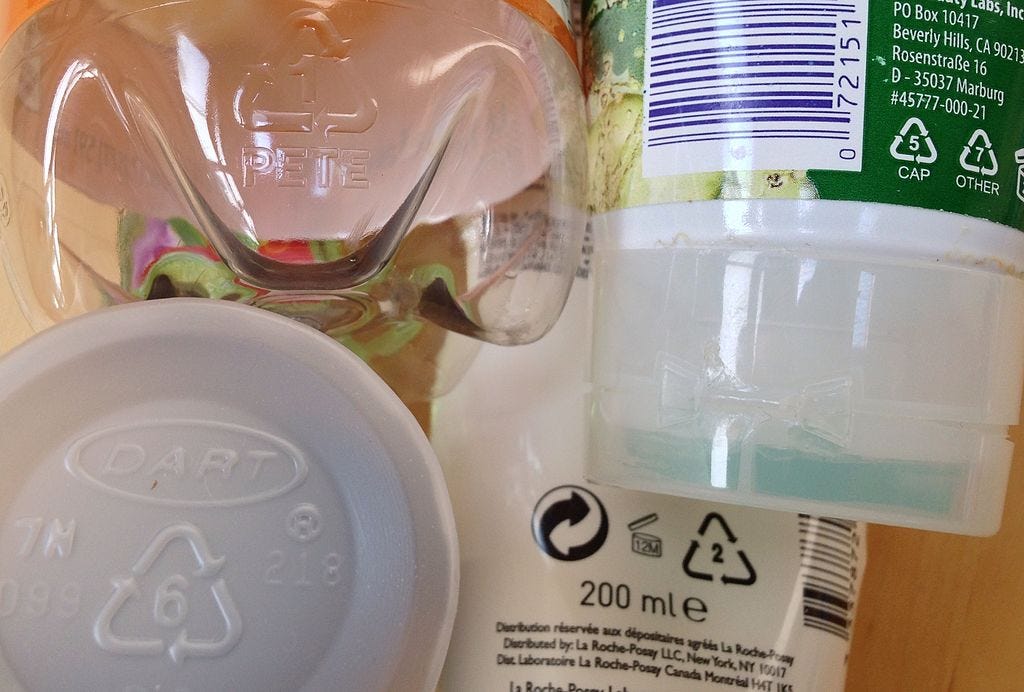 RIC codes stamped into various items of plastic packaging