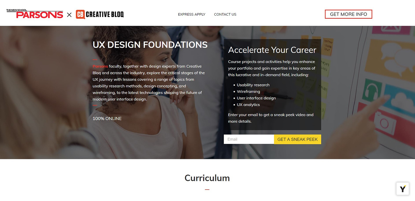 Landing page for ParsonsxYellowbrick UX Design Foundations certification course. The Hero bloc contains a stock image of two young women engaged in conversation. Overlaid is a brief description of the program with an input field for an email to learn more.