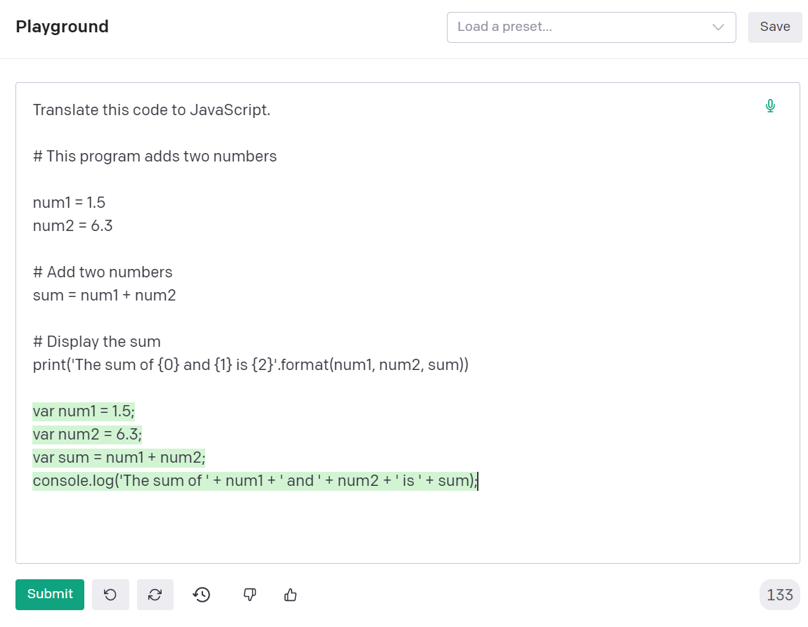 OpenAI Codex translating Python code into JavaScript
