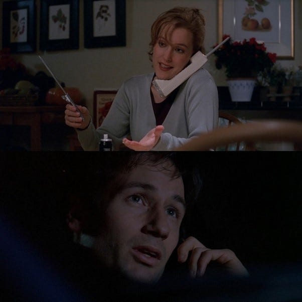 A collage of images of Mulder and Scully. Top: Scully on the phone to Mulder in a light room, smiling with her arms in an open gesture. Bottom: Mulder in a dark space at night, looking concerned on the phone.