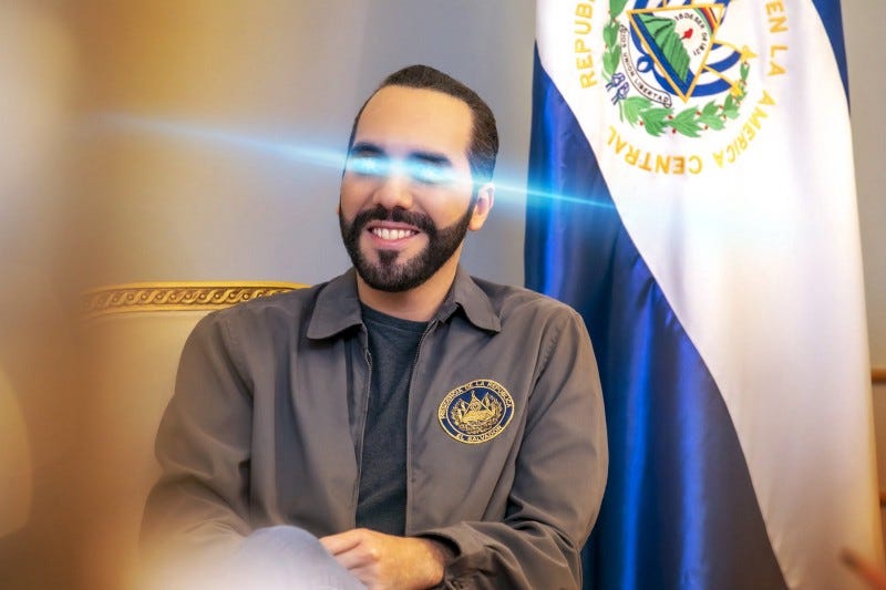 The President of El Salvador’s current Twitter profile pic. Blue lasers beam from his eyes.