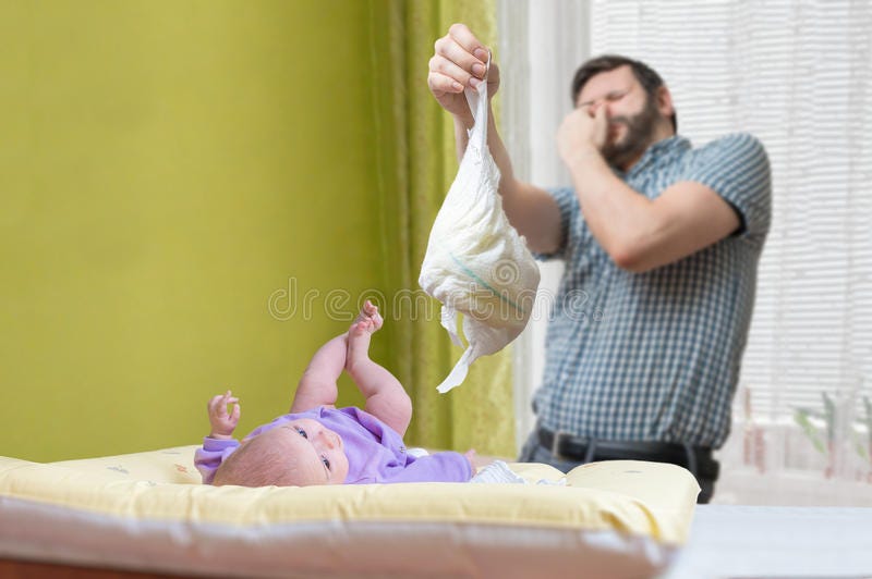 Baby Care Concept. Father Od Dad Is Changing Stinky Diaper ...