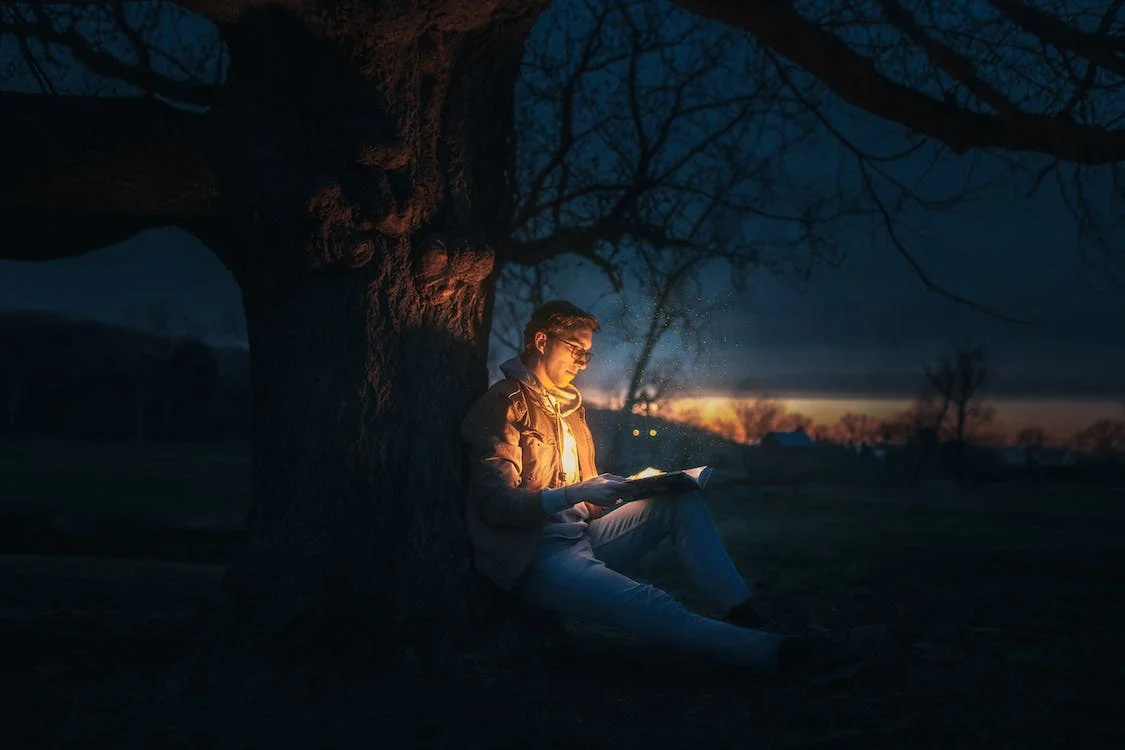Pexels photo art from Josh Hild of a man opening a book under a tree and having light shine on him.