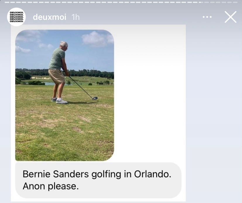 Deux Moi Instagram Story about Bernie Sanders golfing