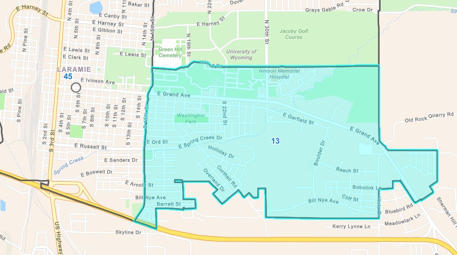 House District 13's geographic area is shaded blue on a map of Laramie. It is bordered by 15th Street to the west, Willet Drive to the north and city limits around its eastern and southern edge.