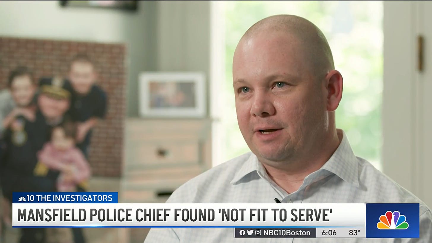 Mansfield Police Chief Ron Sellon is not fit to serve after engaging in threatening and abusive behavior, according to investigators hired by the town. He is one of many Massachusetts police officers accused of misconduct this year. (Image Credit: NBC10 Boston)