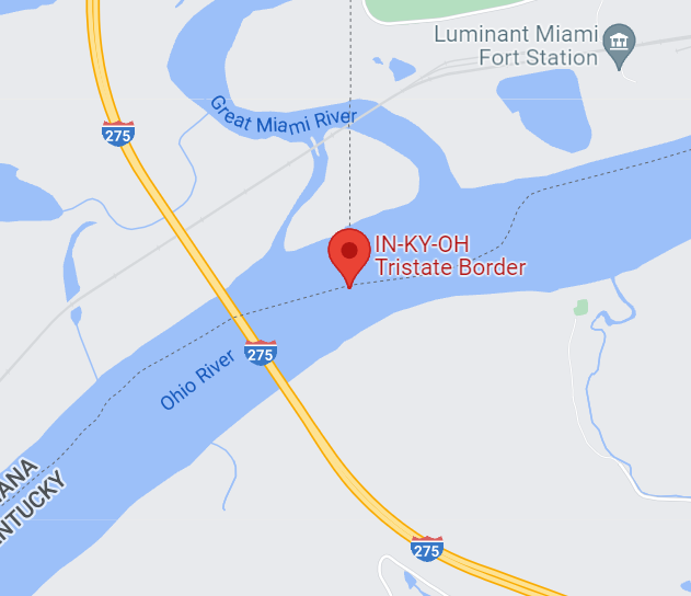 The Kentucky-Indiana-Ohio tripoint on Google Maps. It's in the middle of the Ohio River.
