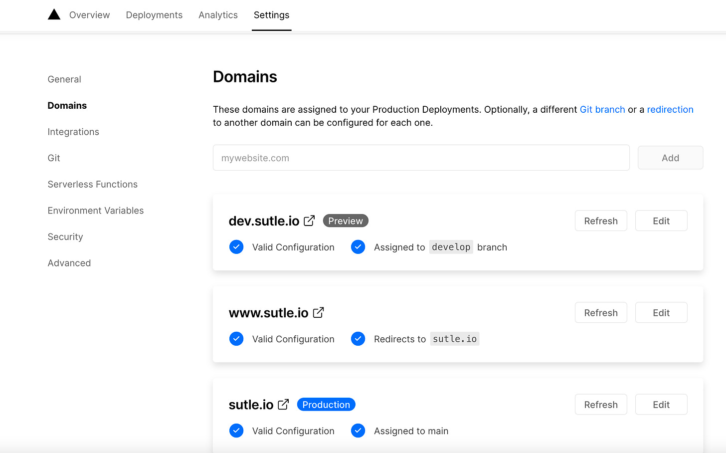 It shows a three domains in Vercel. They are dev.sutle.io, www.sutle.io and sutle.io