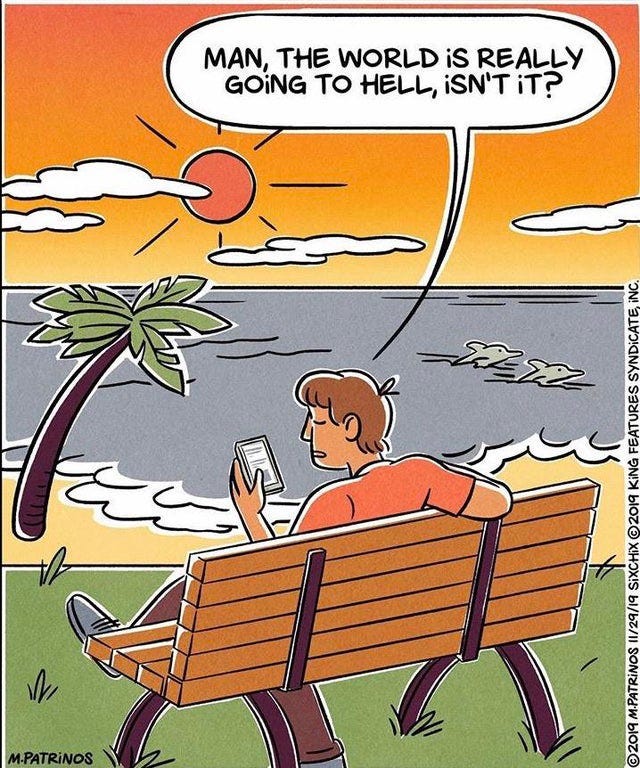 Illustration of a man sitting on a bench near the beach saying “Man, the world is really going to hell, isn’t it?”