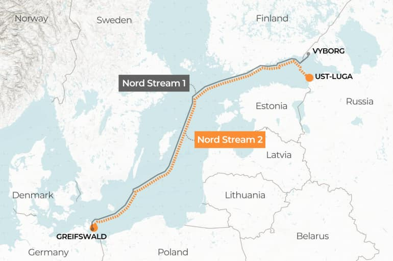 May be an image of map, sky and text that says 'Norway Sweden Finland VYBORG NordStream1 Nord Stream UST-LUGA Estonia Russia Nord Stream 2 Latvia Denmark Lithuania GREIFSWALD Germany Poland Belarus'