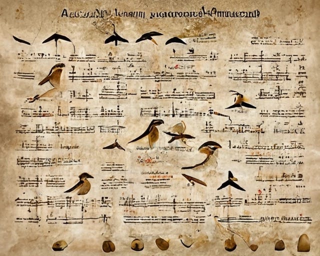indecipherable ancient manuscript that looks like a musical score with birds