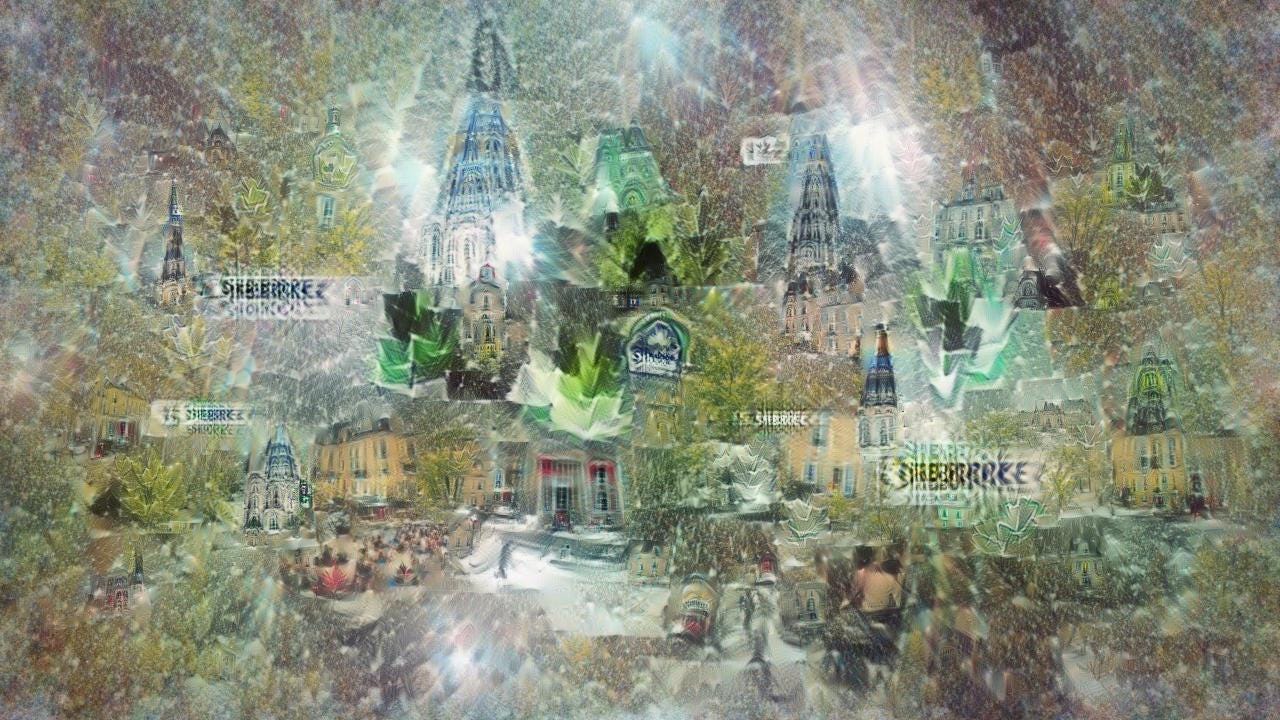 A gleaming city with spires and yellow-walled streets, with strange sparkling green crystals everywhere. Barely visible in several places is the word Sherbrooke.
