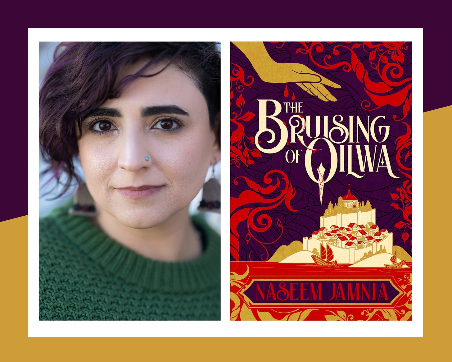 A collage with a photo of Naseem Jamnia, a non-binary person with short dark hair and a green sweater on the left; the book cover of The Bruising of Qilwa on the right with the image of a Persian city and a hand with stylized red and gold swirls