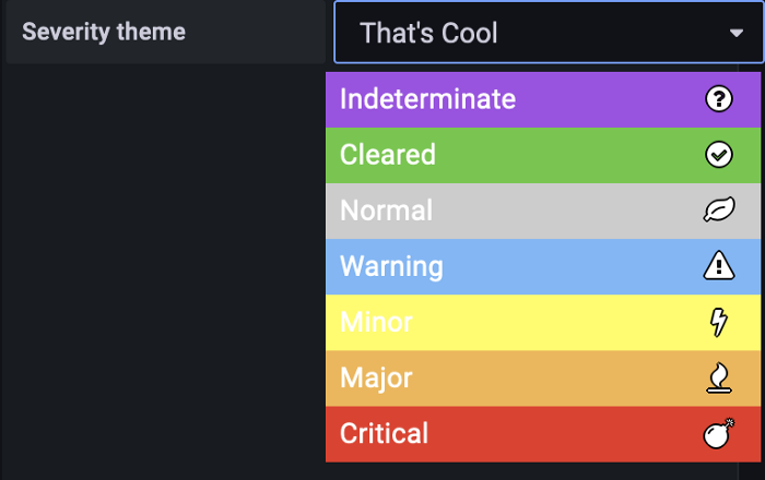 A severity theme with different colors representing different statuses. Indeterminate is in Purple, Cleared in Green, Normal in Gray, Warning in Blue, Minor in Yellow, Major in Orange, and Critical in Red.