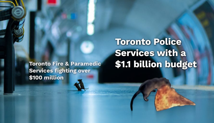 Sam Rowley's photo of two mice fighting over a crumb in a subway station ("Toronto Fire & Paramedic Services fighting over $100 million") with Pizza Rat photoshopped into the foreground ("Toronto Police Services with a $1.1 billion budget".