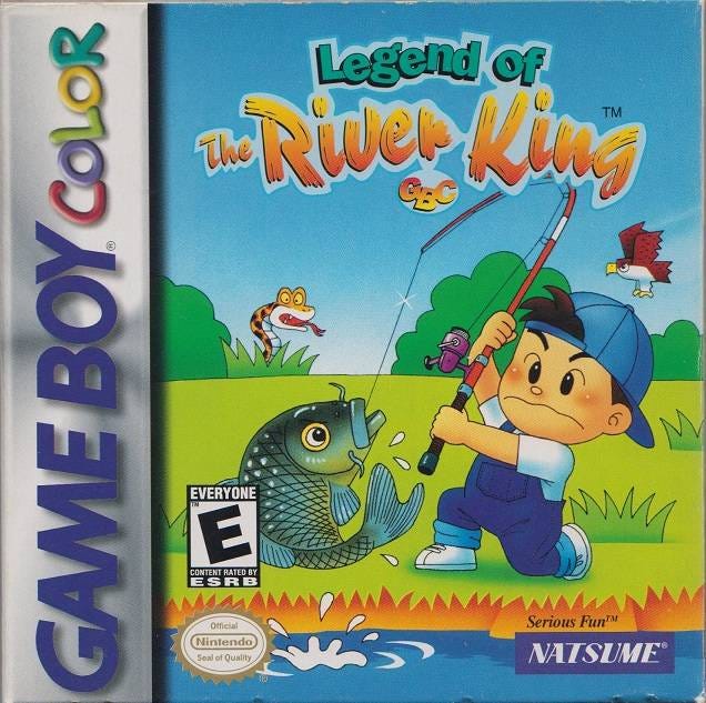 The box art for the Game Boy Color release of Legend of the River King, featuring a young boy reeling in a fish.