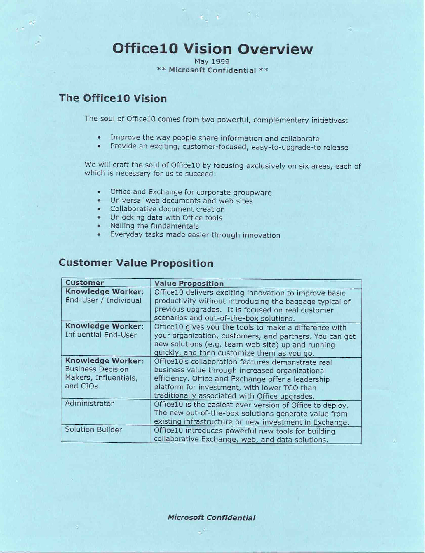 he goal of this document is to provide a playbook or battle plan, but not a recipe or feature list for Office10. As we select features, design, implement, and ultimately release the product, it is critical that each of you maintains the spirit of the vision. Like a football game or a battle, there are many situations and circumstances the vision fails to foresee, but this vision serves as a guide for what is important and should help each of you to make the right decisions. Office10 will be an expression of this vision that builds on the skills, creativity, and foresight of everyone on the team.  The Office10 Vision The soul of Office10 comes from two powerful and complementary initiatives:  Improve the way people share information and collaborate Provide an exciting, customer-focused, easy-to-upgrade-to release We will craft the soul of Office10 by focusing exclusively on six areas, each of which is necessary for us to succeed:  Office and Exchange for corporate groupware Universal web documents and web sites Collaborative document creation Unlocking data with Office tools Nailing the fundamentals Everyday tasks made easier through innovation We have a challenge in that these six focus areas not only span multiple teams, but also rely on each other for success. Full customer satisfaction depends on our ability to address the overlap in a clear and consistent manner.  Issues like choice of server, choice of browser, and ability to install without updating system components are challenges addressed by the tenets in this vision process.  Customer Value Proposition Office10 will be a leadership product because with our focus on real customer scenarios, we provide out-of-the-box solutions that exploit the technology we introduced with Office 2000. With Office 2000 we had a vision of how people will use the web in revolutionary new ways, working together in teams. With Office10, we will further deliver on that vision by eliminating the need for manually stitching it all together. Delivering an out-of-the-box experience is a key goal for Office10.  An out-of-the box experience is one that is directly accessible after installation, obviously applicable, easily discoverable, free of baggage that would prevent it from being used directly, and also easily customizable or adaptable by power users and IT professionals.   The way our customers work is changing for the better. In the digital future, information is available to the people who need it for their jobs, but not just by trickling down through the management structure. Workers have the tools to analyze data to make decisions. Meetings are reserved for decisions rather than status. People can work together in virtual teams regardless of time and space constraints. Work is more fun because you focus more on the content and less on the tools or processes holding you back. The work we do in Office10 makes this all possible. We should not take for granted the way we use technology at Microsoft and how that is having a profound effect on our own business: email as the backbone of communications, continually updated team web sites, the web as a tool for closer contact with our customers and partners, and open access to data for everyone (MS Sales, Raid). This is the type of return on investment that excites our customers. But as cool as http://officeweb and other Microsoft sites are, our customers cannot easily build them. We must also account for varying cultures that affect the way companies want to structure their collaboration. Office10 provides the products they need to exploit new technologies for new ways of communicating and collaborating.  Changes like this take time, often requiring shifts in culture. We expect people will want to test the waters before diving in to these new ways to work or betting on new server infrastructure. That is why nailing the upgrade fundamentals is also a requirement for Office10. This release does not require new hardware. Of course, the file formats remain compatible. A significant new customer-focused advance is that we do not require companies to test all of their other software for conflicts due to required system file updates–it is hard enough just keeping a single machine running through software upgrades, imagine having to upgrade thousands! Office10 takes the traditional negatives associated with an upgrade and turn them into positives, i.e. we claim performance, deployment, and stability as demonstrable strengths. We have features to back this up, e.g. if the product crashes, data is saved and there are built-in tools to report and help resolve the situation. The end-user excitement features we add are all aimed at mainstream authoring scenarios, involving innovations like web hosting and voice and/or addressing specific customer complaints such as over-aggressive auto-behavior. We generate applause at user groups because we combine innovation with the features they use every day. We generate applause at deployment conferences because we avoid unnecessary barriers to upgrade.  Customer  Value Proposition  Knowledge Worker: End-User / Individual  Office10 addresses common issues and increases basic productivity without introducing the baggage typical of previous upgrades. At the same time, it offers the promise of exciting new ways to work, and lots of useful, usable, and desirable features for Walt Mossberg to write about in his Wall Street Journal column.  Knowledge Worker: Influential End-User  Office10 gives you the tools to make a difference–with your organization, customers, and partners. You can get new solutions (e.g. a team web site) up and running quickly, and then introduce powerful customizations as you go. Our power users and early adopters cannot wait to roll it out so they can start to improve the efficiency of their workgroup!  Knowledge Worker: Business Decision Maker, Influential, and CIO  Office10's end-to-end solutions and collaboration features demonstrate real business value through increased organization efficiency. Office together with Exchange offers a leadership platform for investment. All of this comes at a lower cost than traditionally associated with Office upgrades. Our sales force has a response to groupware development. Tom Austin has something positive to say about our strategy in his Gartner Group reports.  Administrator  Office10 is the easiest ever version of Office to deploy. New deployment features, no new system DLLs, and performance and stability work all make Office10 a smooth upgrade. The new out-of-the-box solutions generate value from existing infrastructure, or a new investment in Exchange. Our OAC members continue to tell us we have listened to their input and made their lives significantly easier.  Solution Builder  Office10 introduces powerful new tools for building collaborative solutions on top of Exchange, as well as enhancements to the tools for other forms of web solutions and collaboration. You can easily start by customizing the out-of-the-box solutions, providing customization to solve specific customer business problems. Our developers and solutions providers, and Notes VARs, are excited to use Office10!