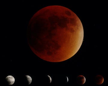 A red moon. Below, six phases of the blood moon eclipse